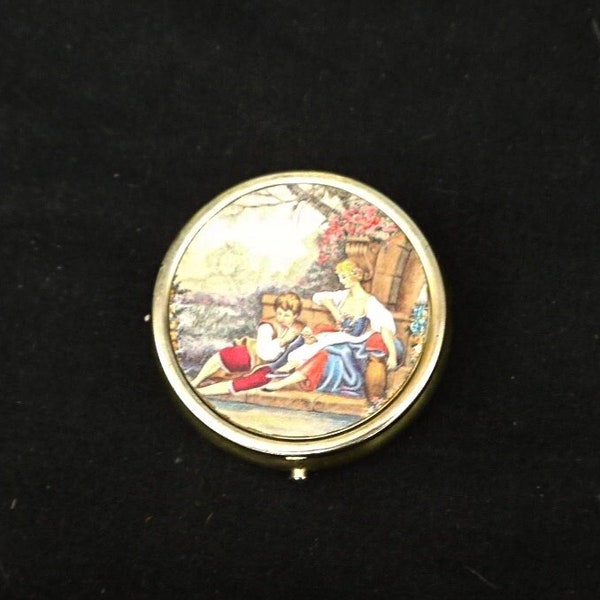 Victorian style pill box vintage pill box with romantic scene round metal  latch pill box French style