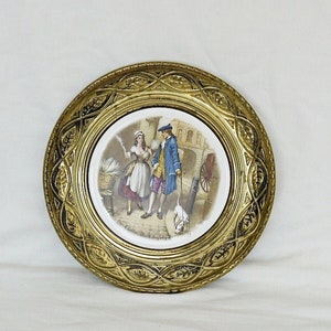 vintage brass and ceramic wall plate ornate brass plate with Victorian scene large wall or stand plate display plate embossed patterns