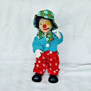 Vintage große 35 cm Sammlermusik Clown Porzellankunst Puppe Clown mit Spieluhr Marionettenpuppe Clown