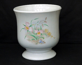 large ceramic planter Crown Winsor pot vintage flower pot white pot on the pedestal indoor pot ornate flowers orchids marked stamped