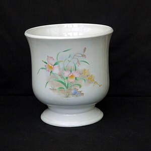 May include: White ceramic planter with a floral design featuring pink and yellow flowers. The planter has a wide base and a rounded body.