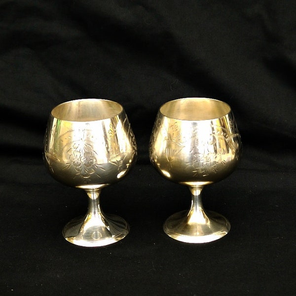 vintage silver plate goblets EPNS set silver 2 x goblet pair silver goblet marked ornate hand etched  flowers decor