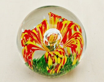 Hand Blown Art Glass Paperweight: Vintage Red Yellow Floral