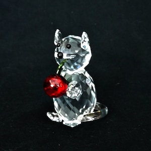 large cut crystal figurine cat with cherry vintage original crystal sculpture cat style Swarovski cut crystal animal big crystal cat rare