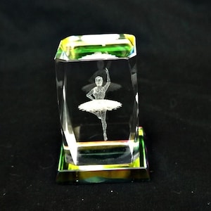 crystal glass ballerina dancer 3D cube Glass crystal paperweight Laser etched and oxidized base crystal cube Laser engraved vtg Art glass