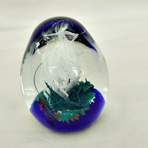 hand blown glass paperweight vintage art glass paperweight cobalt blue sky blue white 3d glass paperweight  egg swirl