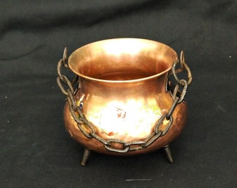 copper hammered cauldron vintage cauldron with a chain and footer small copper planter stand or hand Withes cauldron pagan Incense burner