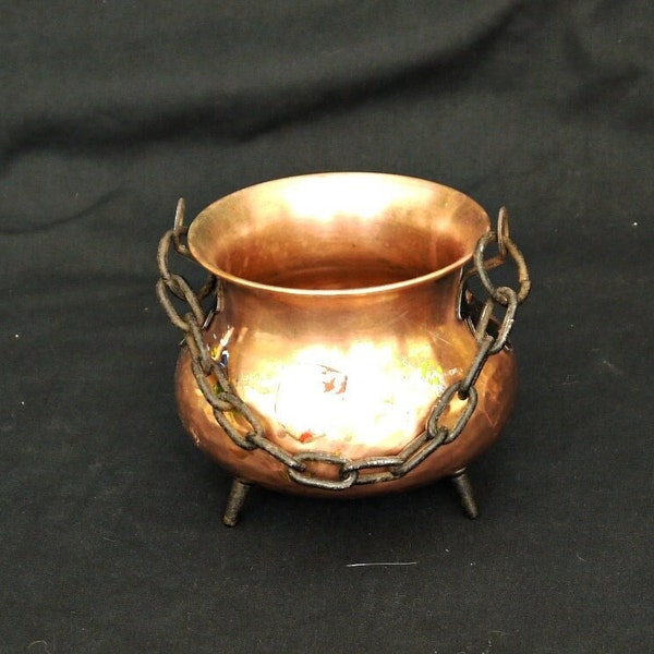 copper hammered cauldron vintage cauldron with a chain and footer small copper planter stand or hand Withes cauldron pagan Incense burner
