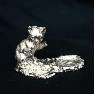 vintage silver plate solid cat wit dish solid metal heavy silver figurine cat with small dish or tealight sculpture cat art small metal cat