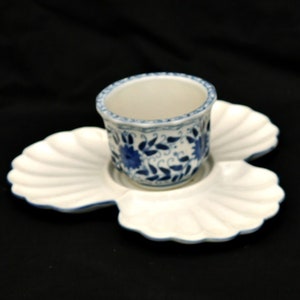 blue and white Chinese planter vintage ceramic planter with on the stand shaped shells oriental pot with dish 3 shells Chinese bowl  dish