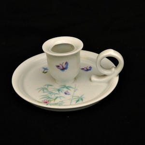 ceramic chamber stick vintage  candle holder with handle on finger ornate leaves and Butterflies stamped
