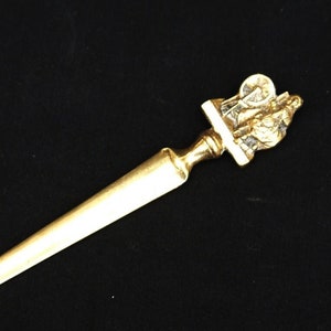 antique brass letter opener with  Victorian women spinning wool on a spinning wheel solid brass letter knife collectable  rare opener gift