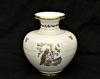 vintage large hand made in Greece white and gold 24k vase decorated peacock birds flowers oriental style stamped large ceramic vase