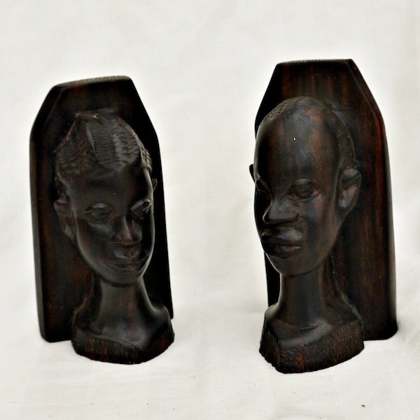 carved wood set bookends vintage hand carved African bookends with bust African woman and man solid wood African ebony hand made sculpture