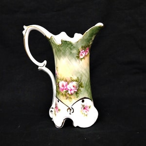 large bone china jug pitcher vintage porcelain jug with handle hand painted ornate flowers roses gold plating French style