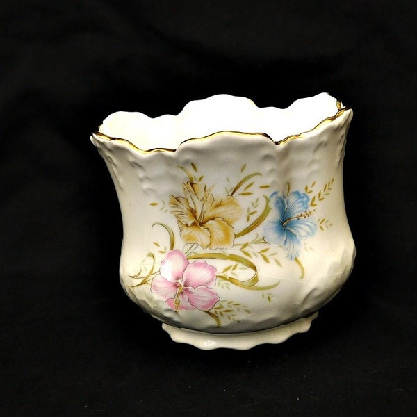 vintage flower pot bone china planter ornate indoor pot embossed patterns and decorative flowers hibiscus