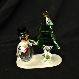 large cut crystal figurine Christmas tree snowman with a teddy bear on the base vintage Galway crystal sculpture big crystal Xmas ornament