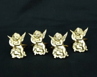 Antyczne mosiężne pierścienie na serwetki w kształcie aniołów – zestaw 4 sztuk, dekoracja stołu na Boże Narodzenie