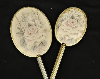 Juego de tocador vintage de estilo francés: cepillos y espejo Petit Point Rose