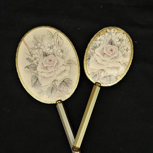 vintage dresser vanity set petit point hair brushes and mirror French style vanity dresser table ornate roses brushes set 2 x