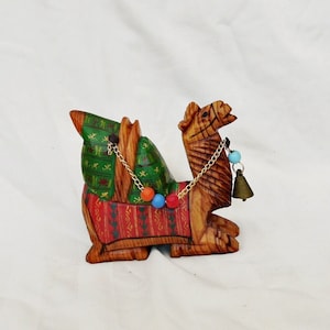 hand carved wooden camel vintage hand painted natural wood African animal camel with bell  art statue real wood figurine camel ornament