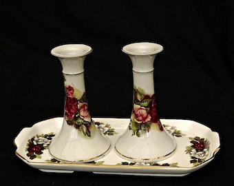 bone china set candle holders with tray vintage Pall Mall Ware England vanity decor dressing table ornate rosses old set porcelain vanity