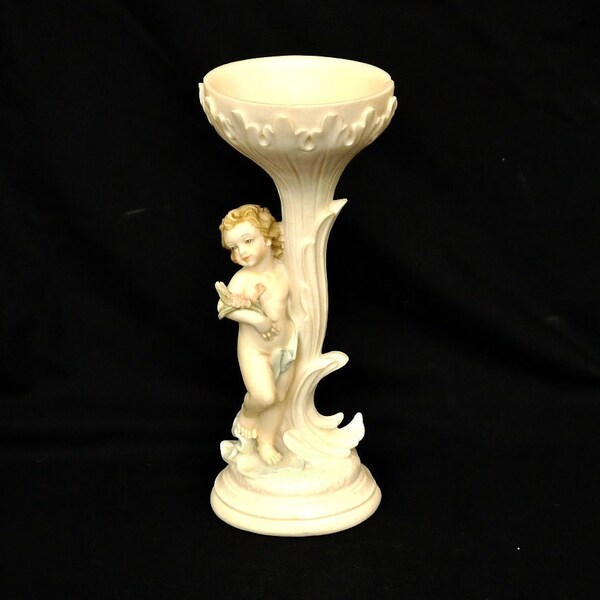 vintage candlestick or the base of a bouquet of flowers with putti angel statue cherub alabaster Faro with child angel  French decor