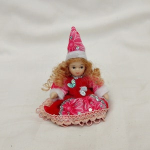miniature porcelain doll vintage mini porcelain art doll collectors doll small doll red and white dress winter doll