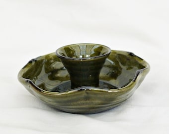earthenware chamber stick vintage clay candle holder glazed terracotta candlestick dark green shaped flower