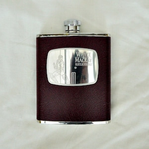 vintage hip flask Whyte & Mackay Scotch Whisky genuine leather and stainless steel 6 oz brown leather covered pocket flask