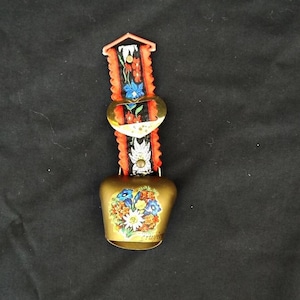 vintage brass metal swiss cow bell  hand painted with pendant cow bell Souvenir goat cow goat bell with handle bell cow  Cottage decor