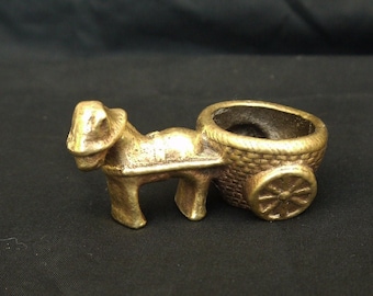 vintage solid brass donkey  little statue donkey small figurine donkey with a cart solid miniature brass animal collectable