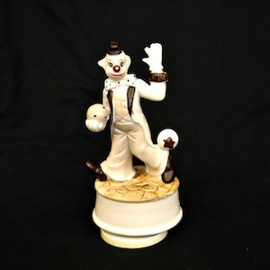 vintage music box figurine clown music playing ceramic white brown clown statue music circus clown  gift