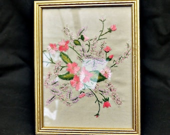 hand embroidered picture of flowers framed vintage embroidered flowers wood golden framed ornate hand made picture flowers stand or hanging