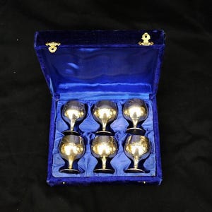 set silver plate Epns goblets with original box vintage 6 x small goblets brass with elegant box small brass goblets etched marked  gift