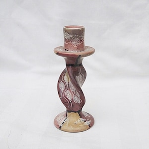 vintage soapstone candlestick hand painted candle holder hand carved soapstone Besemo swirl ornate leaves fish made in Kenia African decor