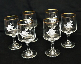 Vintage Dema Wine Glasses Set: Floral Pattern, Golden Rim, Original Box