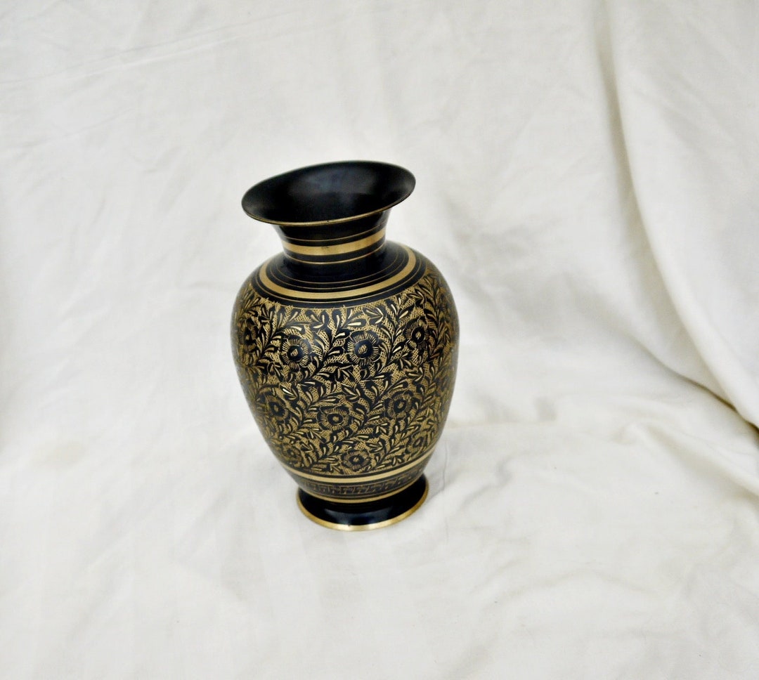 Large Brass Vase Vintage Brass Black Hand Engraved Floral Patterns Vase