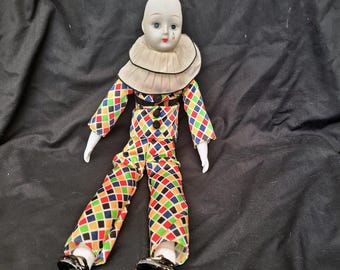 Porcelanowa lalka Pierrot Clown: kostium arlekina, rekwizyt na Halloween