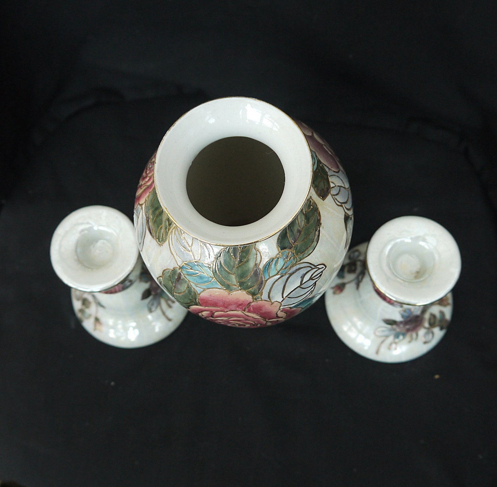 Vintage Set Vase With 2 X Candlesticks Hand Painted Porcelain Etsy