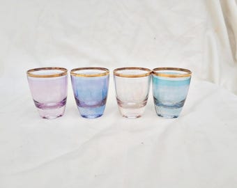 Vintage Frankreich Schnaps Gläser Harlekin Mid-Century Modern Luster Sammlerstück Barware gestempelt