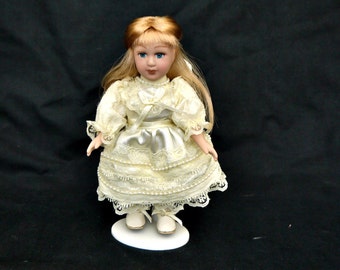 Vintage Porcelain Doll: Satin Lace Dress, Display Stand, Boxed