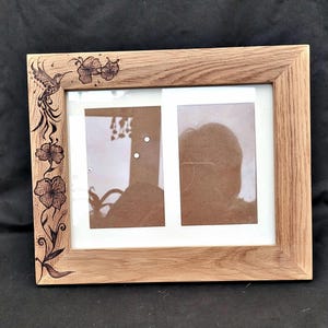 Hand Made Pyrography Personalized any text gift oak photo frame stand or wall burnt hummingbird flowers double one photo frame natural wood
