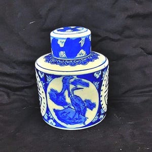 blue and white Chinese ginger jar vintage hand painted large jar ornate bird crane and symbols Chinoiserie vase with lid collectable