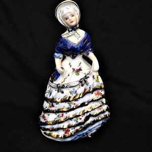 bone china statue Victorian lady vintage  large porcelain figurine  lady hand painted  blue  white golden 24k and floral pattern