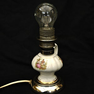 porcelain with handle lamp base vintage lamp bone china and metal lamp French or Victorian style ornate romantic scene  made in Poland