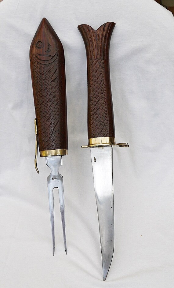 Vintage Large Knife And Fork Hand Carved Wood With Scabbard Etsy Canada