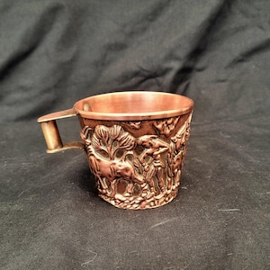 rare copper cup mug vintage copper metal cup ornate embossed bulls man handle Vaphio cup Greek Mid century Mycenaean Vaphio Relief