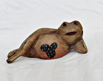 Carved Wood Frog Figurine: Hand-Painted Mickey Mouse Art