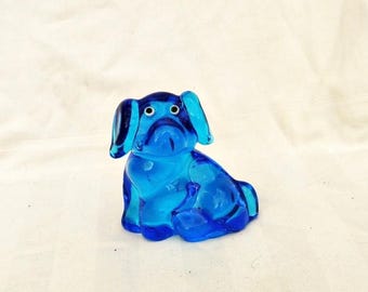 Statuetta vintage a forma di cane in vetro soffiato a mano color azzurro cielo, fermacarte in vetro artistico